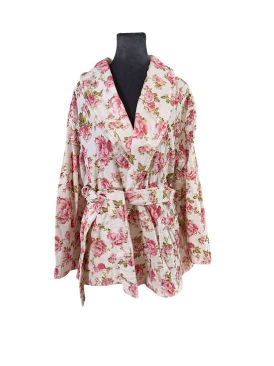 LoveShackFancy Other - LoveShackFancy Floral Belted Robe S/M Pink & Green Roses Shawl Collar Soft Terry